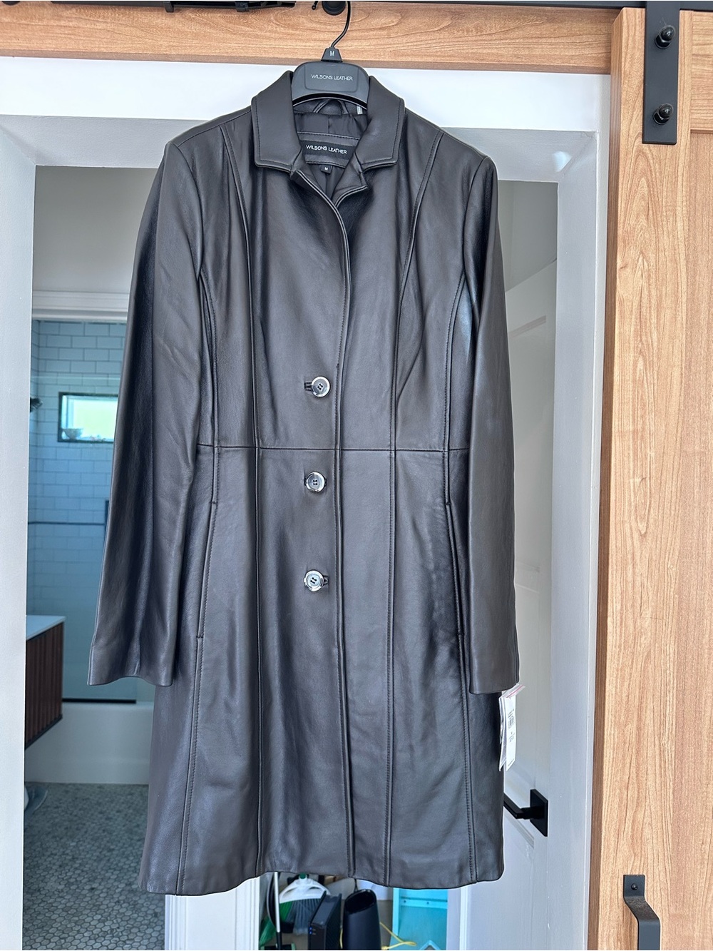 Wilsons 💯 Real Leather Women's Black Long Leather Button Coat *New With Tags*